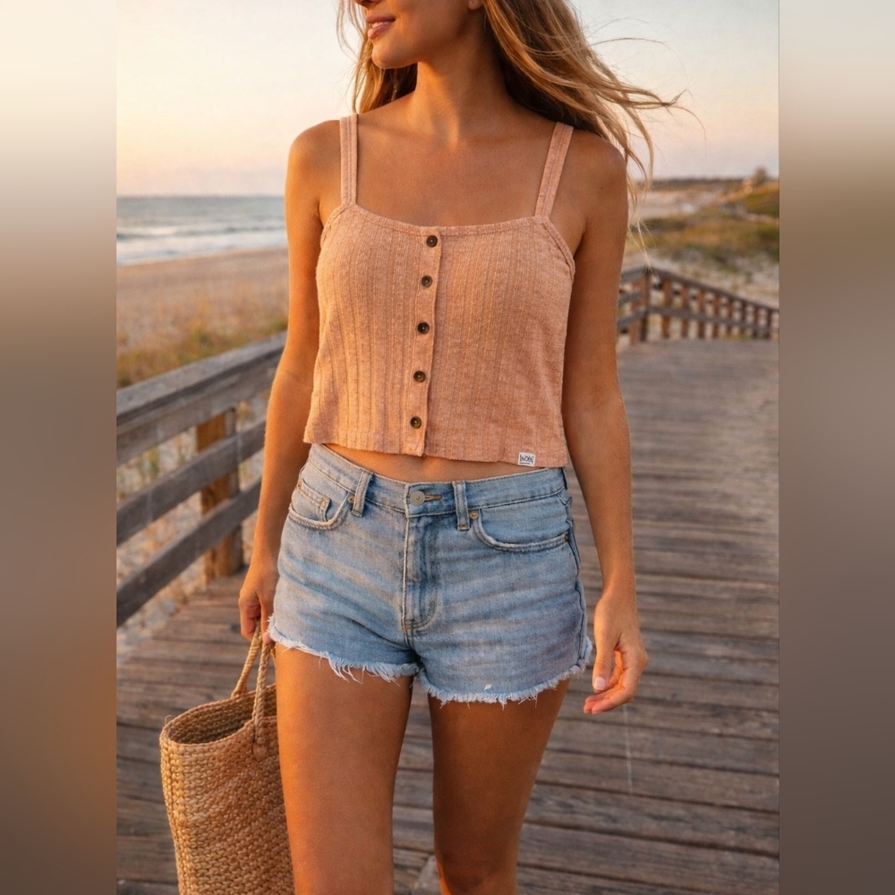 Roxy Ribbed Knit Button Front Tank Top | Soft Beachy Neutral | Size XL